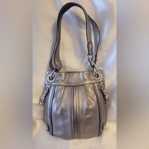 B Makowsky Shoulder Dual Strap Shimmery Metalic Silver Leather Hobo Bag